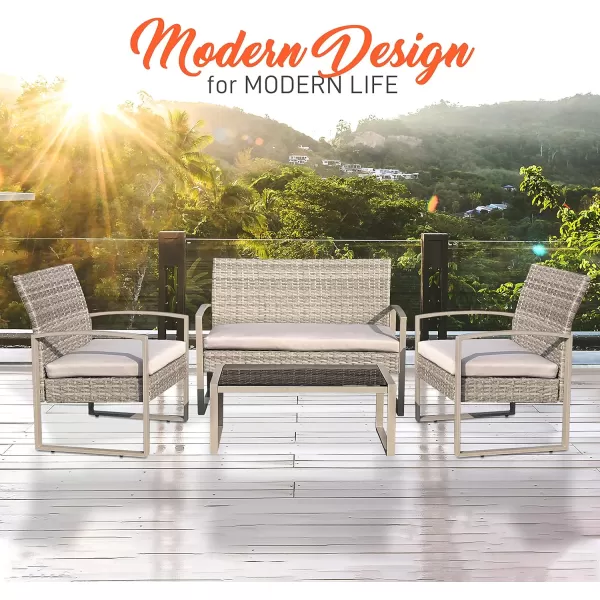 SereneLife 4 Piece Conversation/Chat Set, Outdoor Living Rattan Furniture, Includes 1 Double &amp; 2 Single Chairs with Cushion &amp; 1 Glass-top Coffee Table, Taupe
