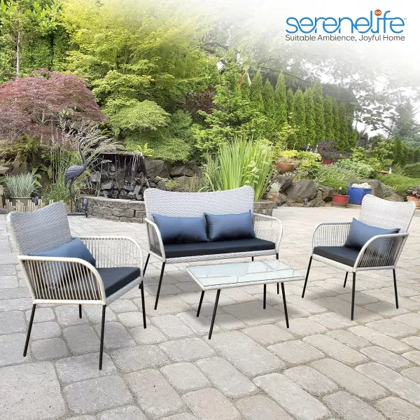SereneLife 4 Piece Conversation/Chat Set, Outdoor Living Rattan Furniture, Includes 1 Double &amp; 2 Single Chairs with Cushion &amp; 1 Glass-top Coffee Table 