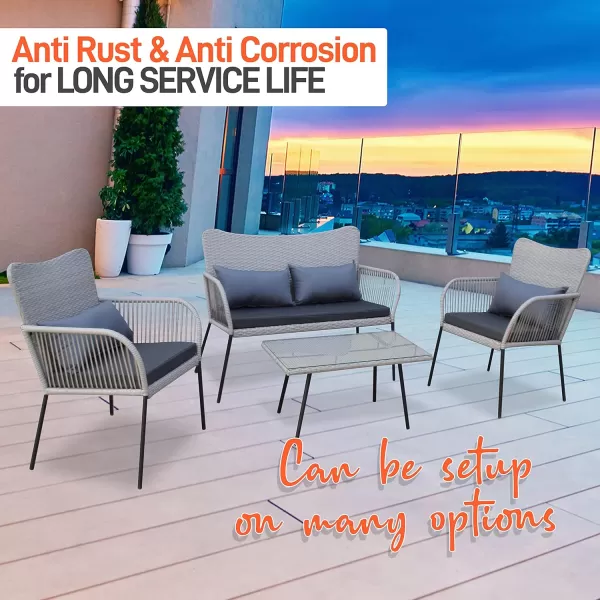 SereneLife 4 Piece Conversation/Chat Set, Outdoor Living Rattan Furniture, Includes 1 Double &amp; 2 Single Chairs with Cushion &amp; 1 Glass-top Coffee Table 