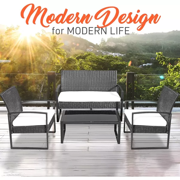 SereneLife 4 Piece Conversation/Chat Set, Outdoor Living Rattan Furniture, Includes 1 Double &amp; 2 Single Chairs with Cushion &amp; 1 Glass-top Coffee Table, Black