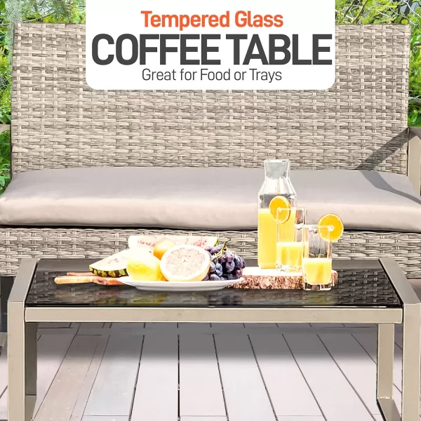 SereneLife 4 Piece Conversation/Chat Set, Outdoor Living Rattan Furniture, Includes 1 Double &amp; 2 Single Chairs with Cushion &amp; 1 Glass-top Coffee Table, Taupe