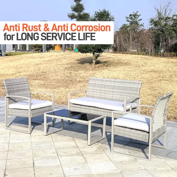 SereneLife 4 Piece Conversation/Chat Set, Outdoor Living Rattan Furniture, Includes 1 Double &amp; 2 Single Chairs with Cushion &amp; 1 Glass-top Coffee Table, Taupe