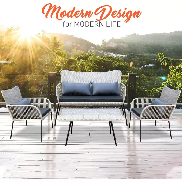 SereneLife 4 Piece Conversation/Chat Set, Outdoor Living Rattan Furniture, Includes 1 Double &amp; 2 Single Chairs with Cushion &amp; 1 Glass-top Coffee Table 