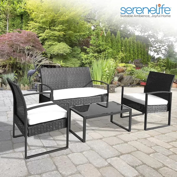 SereneLife 4 Piece Conversation/Chat Set, Outdoor Living Rattan Furniture, Includes 1 Double &amp; 2 Single Chairs with Cushion &amp; 1 Glass-top Coffee Table, Black