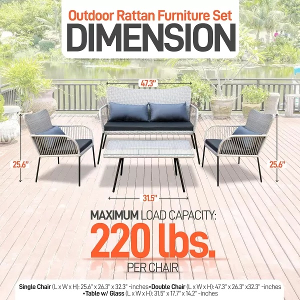 SereneLife 4 Piece Conversation/Chat Set, Outdoor Living Rattan Furniture, Includes 1 Double &amp; 2 Single Chairs with Cushion &amp; 1 Glass-top Coffee Table 