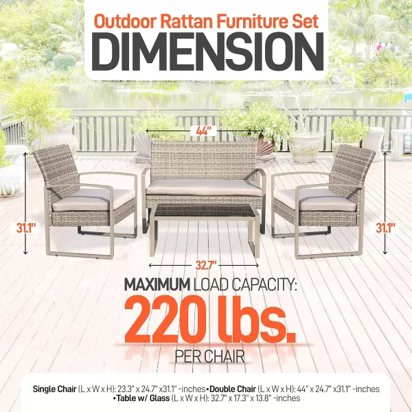 SereneLife 4 Piece Conversation/Chat Set, Outdoor Living Rattan Furniture, Includes 1 Double &amp; 2 Single Chairs with Cushion &amp; 1 Glass-top Coffee Table, Taupe