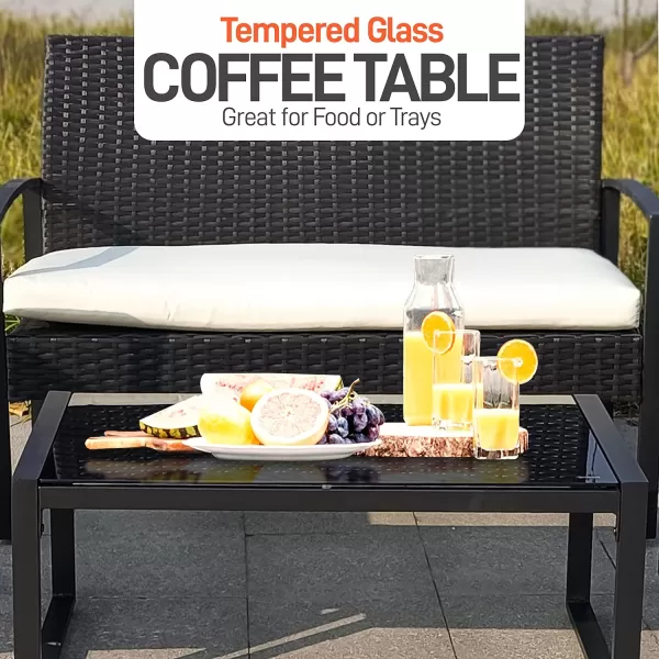 SereneLife 4 Piece Conversation/Chat Set, Outdoor Living Rattan Furniture, Includes 1 Double &amp; 2 Single Chairs with Cushion &amp; 1 Glass-top Coffee Table, Black