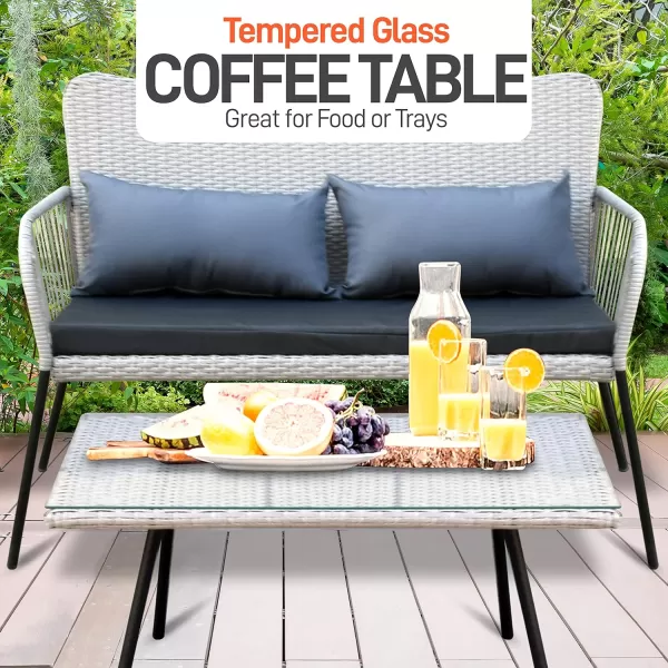 SereneLife 4 Piece Conversation/Chat Set, Outdoor Living Rattan Furniture, Includes 1 Double &amp; 2 Single Chairs with Cushion &amp; 1 Glass-top Coffee Table 