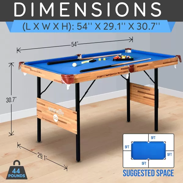 SereneLife 4.5ft Folding Pool Table, 54in Portable Foldable Billiards Game Table for Kids and Adults with Accessories, Indoor and Outdoor Games with Sticks, Cue, Balls and Triangle, Blue