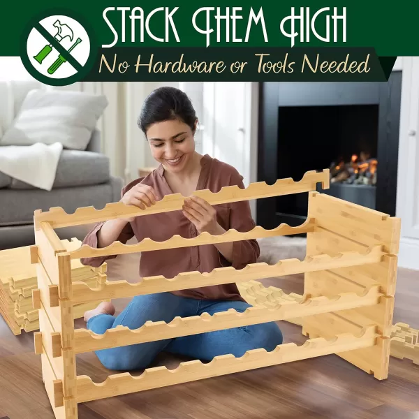 SereneLife Bamboo Stackable Wine Rack, 8-Tier 72 Bottle Capacity Wine Racks Free Standing Floor, No Tools Assembly, Modular Storage Display Shelf for Kitchen and Cellar 33.5" x 10" x 42"