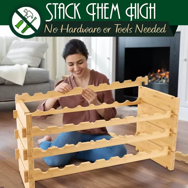 SereneLife Bamboo Stackable Wine Rack, 8-Tier 72 Bottle Capacity Wine Racks Free Standing Floor, No Tools Assembly, Modular Storage Display Shelf for Kitchen and Cellar 33.5" x 10" x 42"