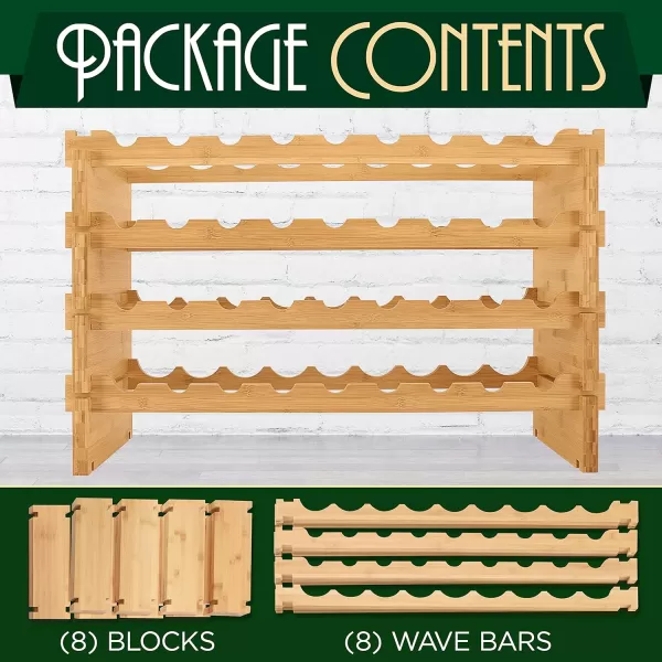 SereneLife Bamboo Stackable Wine Rack, 8-Tier 72 Bottle Capacity Wine Racks Free Standing Floor, No Tools Assembly, Modular Storage Display Shelf for Kitchen and Cellar 33.5" x 10" x 42"