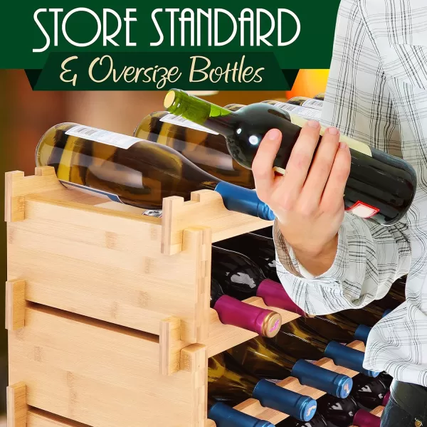 SereneLife Bamboo Stackable Wine Rack, 8-Tier 72 Bottle Capacity Wine Racks Free Standing Floor, No Tools Assembly, Modular Storage Display Shelf for Kitchen and Cellar 33.5" x 10" x 42"