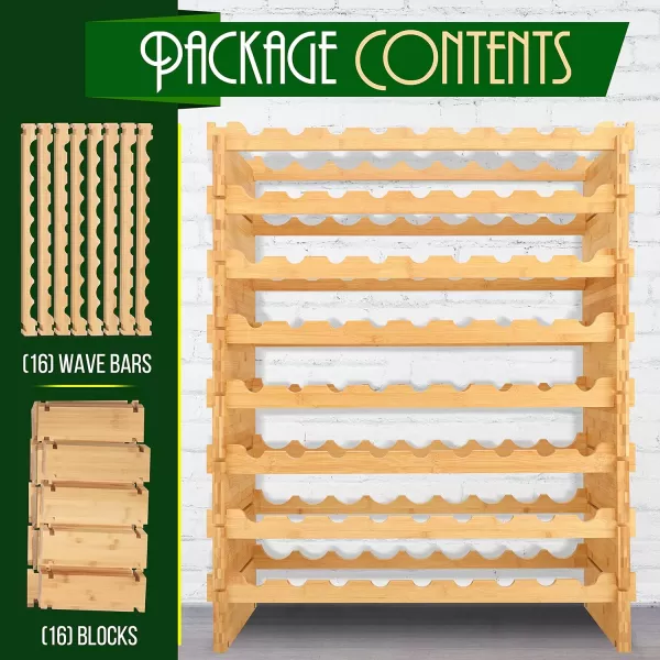 SereneLife Bamboo Stackable Wine Rack, 8-Tier 72 Bottle Capacity Wine Racks Free Standing Floor, No Tools Assembly, Modular Storage Display Shelf for Kitchen and Cellar 33.5" x 10" x 42"