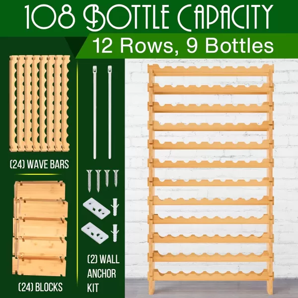 SereneLife Bamboo Stackable Wine Rack, 8-Tier 72 Bottle Capacity Wine Racks Free Standing Floor, No Tools Assembly, Modular Storage Display Shelf for Kitchen and Cellar 33.5" x 10" x 42"