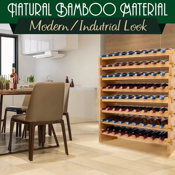 SereneLife Bamboo Stackable Wine Rack, 8-Tier 72 Bottle Capacity Wine Racks Free Standing Floor, No Tools Assembly, Modular Storage Display Shelf for Kitchen and Cellar 33.5" x 10" x 42"