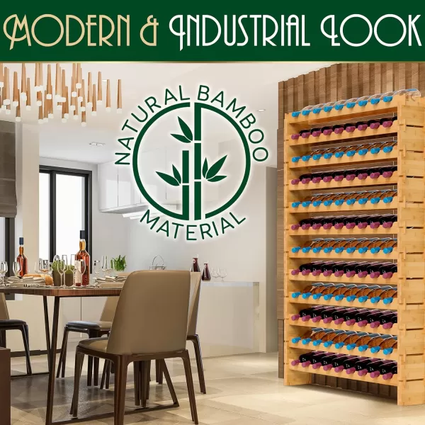 SereneLife Bamboo Stackable Wine Rack, 8-Tier 72 Bottle Capacity Wine Racks Free Standing Floor, No Tools Assembly, Modular Storage Display Shelf for Kitchen and Cellar 33.5" x 10" x 42"