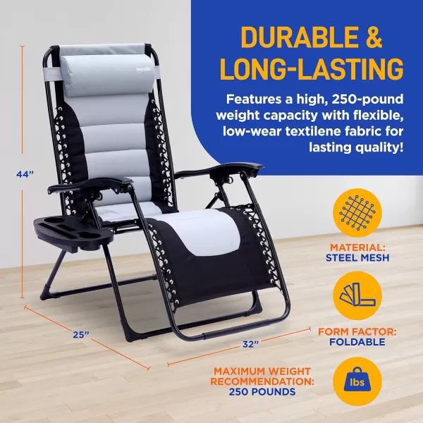 SereneLife Foldable Outdoor Zero Gravity Padded Lawn Chair, Adjustable Steel Mesh Recliners, w/ Removable Pillows and Cup Holder Side Tables, Set of 2, Blue and Black