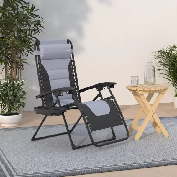 SereneLife Foldable Outdoor Zero Gravity Padded Lawn Chair, Adjustable Steel Mesh Recliners, w/ Removable Pillows and Cup Holder Side Tables, Set of 2, Blue and Black