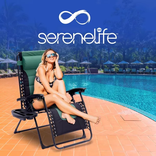 SereneLife Foldable Outdoor Zero Gravity Padded Lawn Chair, Adjustable Steel Mesh Recliners, w/ Removable Pillows and Cup Holder Side Tables, Set of 2, Blue and Black