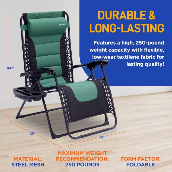SereneLife Foldable Outdoor Zero Gravity Padded Lawn Chair, Adjustable Steel Mesh Recliners, w/ Removable Pillows and Cup Holder Side Tables, Set of 2, Blue and Black