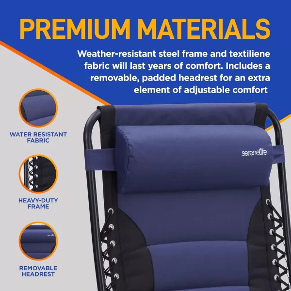 SereneLife Foldable Outdoor Zero Gravity Padded Lawn Chair, Adjustable Steel Mesh Recliners, w/ Removable Pillows and Cup Holder Side Tables, Set of 2, Blue and Black