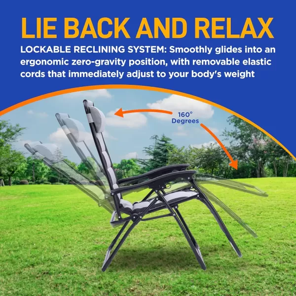 SereneLife Foldable Outdoor Zero Gravity Padded Lawn Chair, Adjustable Steel Mesh Recliners, w/ Removable Pillows and Cup Holder Side Tables, Set of 2, Blue and Black