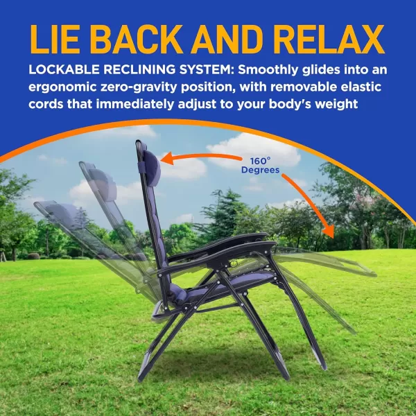 SereneLife Foldable Outdoor Zero Gravity Padded Lawn Chair, Adjustable Steel Mesh Recliners, w/ Removable Pillows and Cup Holder Side Tables, Set of 2, Blue and Black