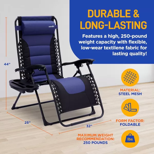 SereneLife Foldable Outdoor Zero Gravity Padded Lawn Chair, Adjustable Steel Mesh Recliners, w/ Removable Pillows and Cup Holder Side Tables, Set of 2, Blue and Black