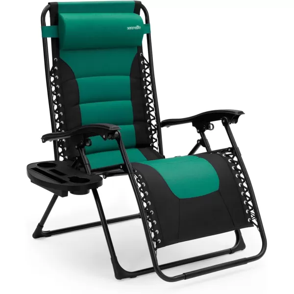 SereneLife Foldable Outdoor Zero Gravity Padded Lawn Chair, Adjustable Steel Mesh Recliners, w/ Removable Pillows and Cup Holder Side Tables, Set of 2, Blue and Black
