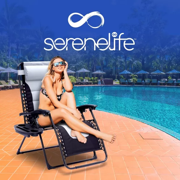 SereneLife Foldable Outdoor Zero Gravity Padded Lawn Chair, Adjustable Steel Mesh Recliners, w/ Removable Pillows and Cup Holder Side Tables, Set of 2, Gray and Black