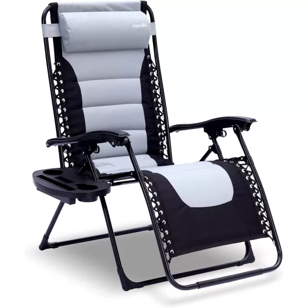 SereneLife Foldable Outdoor Zero Gravity Padded Lawn Chair, Adjustable Steel Mesh Recliners, w/ Removable Pillows and Cup Holder Side Tables, Set of 2, Gray and Black