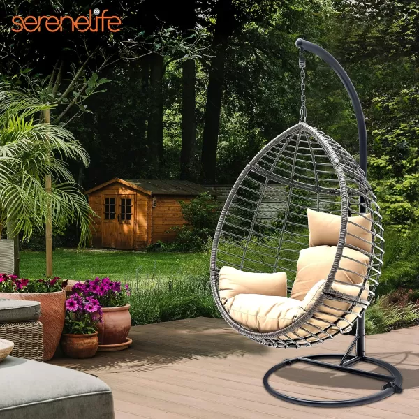 SereneLife Hanging Egg Indoor Outdoor Patio Wicker Rattan Lounge Chair with Stand, Steel Frame, UV Resistant Washable Cushions for Garden Backyard Deck Sunroom SLGZ0EGG 