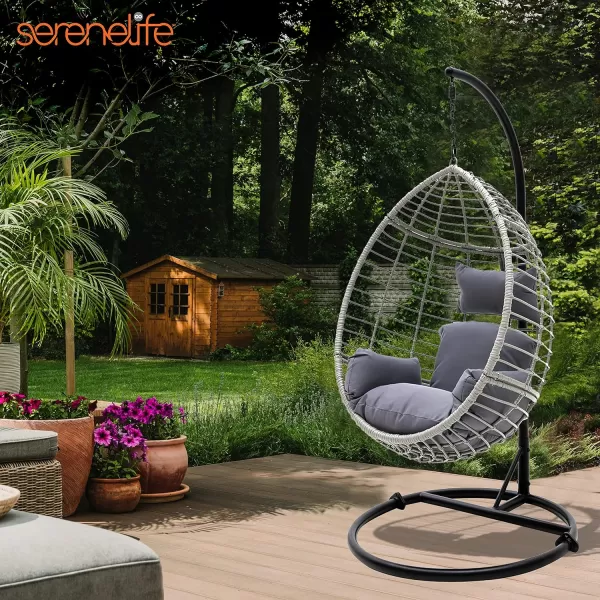 SereneLife Hanging Egg Indoor Outdoor Patio Wicker Rattan Lounge Chair with Stand, Steel Frame, UV Resistant Washable Cushions for Garden Backyard Deck Sunroom SLGZ0EGG 