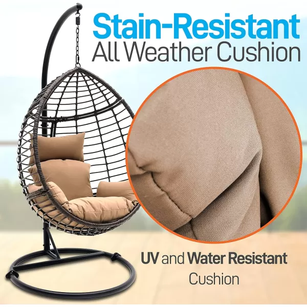 SereneLife Hanging Egg Indoor Outdoor Patio Wicker Rattan Lounge Chair with Stand, Steel Frame, UV Resistant Washable Cushions for Garden Backyard Deck Sunroom SLGZ0EGG 