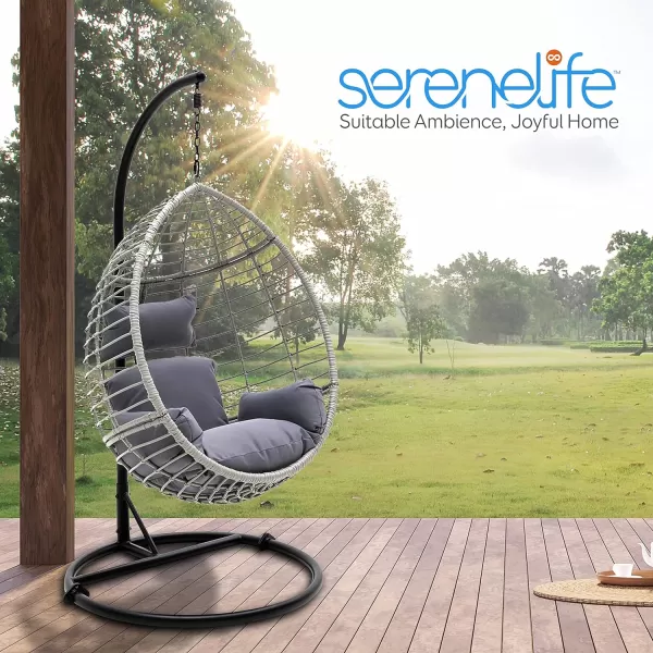 SereneLife Hanging Egg Indoor Outdoor Patio Wicker Rattan Lounge Chair with Stand, Steel Frame, UV Resistant Washable Cushions for Garden Backyard Deck Sunroom SLGZ0EGG 
