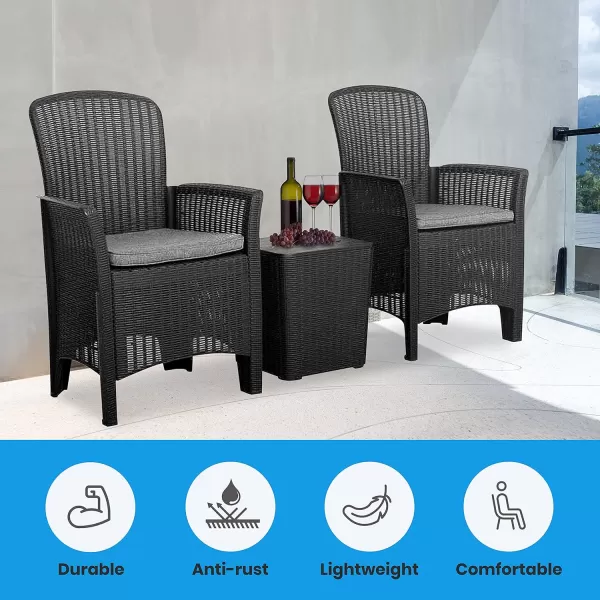 SereneLife Porch 3 Piece Rattan Wicker Chairs with Table, Patio Conversation Bistro, Outdoor Garden Furniture Sets, 24 x 23 x 36.75 inches, Black