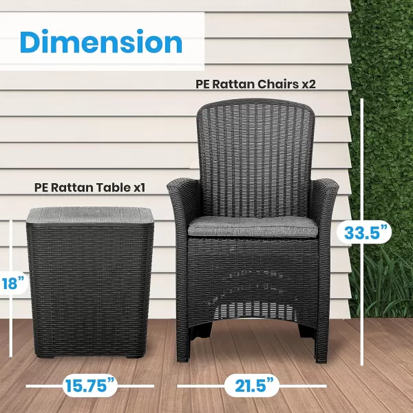 SereneLife Porch 3 Piece Rattan Wicker Chairs with Table, Patio Conversation Bistro, Outdoor Garden Furniture Sets, 24 x 23 x 36.75 inches, Black