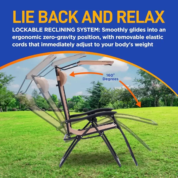 SereneLife Zero Gravity Lounge Chair, Adjustable Steel Mesh Recliners, with Canopy, Removable Pillows and Cup Holder Side Tables, Set of 2, Cream