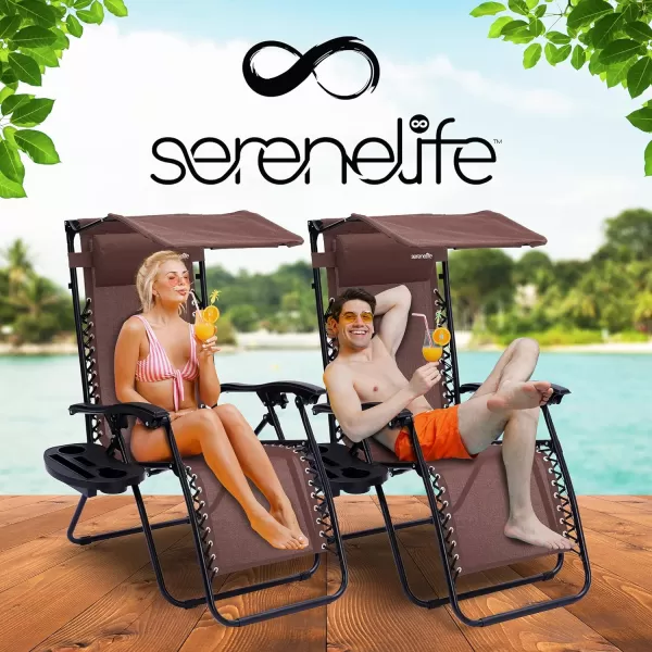 SereneLife Zero Gravity Lounge Chair, Adjustable Steel Mesh Recliners, with Canopy, Removable Pillows and Cup Holder Side Tables, Set of 2, Cream