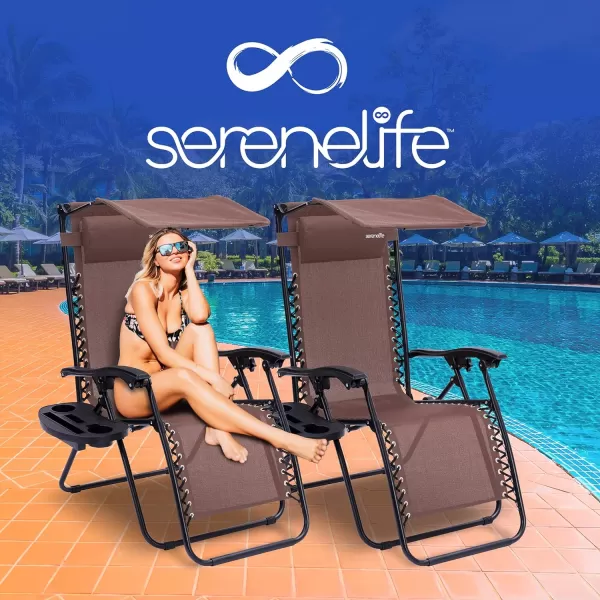 SereneLife Zero Gravity Lounge Chair, Adjustable Steel Mesh Recliners, with Canopy, Removable Pillows and Cup Holder Side Tables, Set of 2, Cream