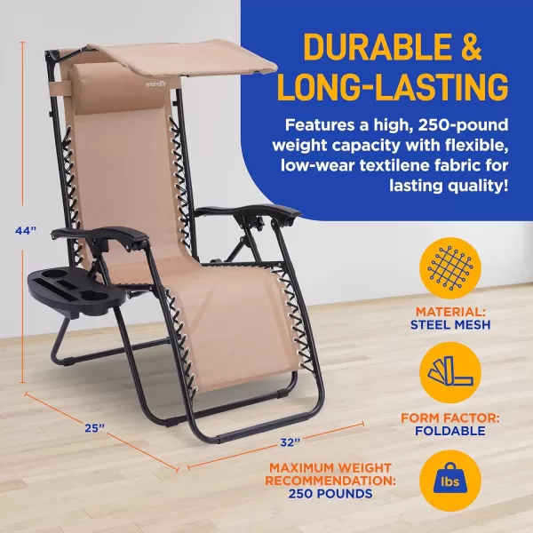 SereneLife Zero Gravity Lounge Chair, Adjustable Steel Mesh Recliners, with Canopy, Removable Pillows and Cup Holder Side Tables, Set of 2, Cream
