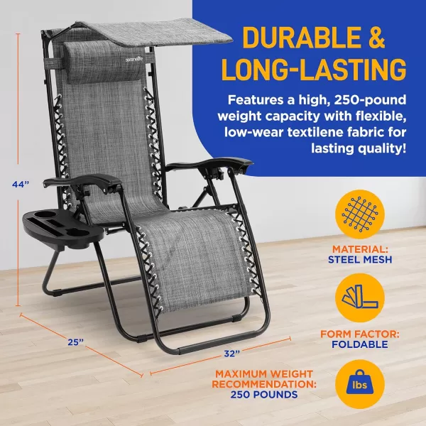 SereneLife Zero Gravity Lounge Chair, Adjustable Steel Mesh Recliners, with Canopy, Removable Pillows and Cup Holder Side Tables, Set of 2, Cream