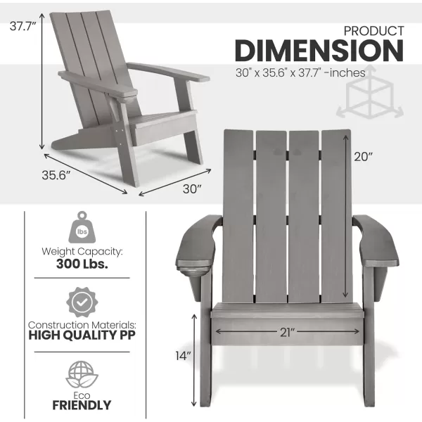 SereneLifeHome SereneLife Home Wooden Adirondack, Outdoor Patio Lounge Chairs for Fire Pit, Yard, Garden, Beach, and Backyard-Weather Resistant 300 Lb. Weight Capacity, Large, Grey