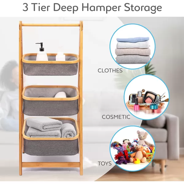 SerenelifeHome 3 Tier Fold Out Hamper Shelf Storage - Space Saving Collapsible Foldable Natural Bamboo Wooden Organizer Removable Baskets for Bedroom Bathroom Laundry Clothes Towels