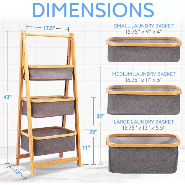 SerenelifeHome 3 Tier Fold Out Hamper Shelf Storage - Space Saving Collapsible Foldable Natural Bamboo Wooden Organizer Removable Baskets for Bedroom Bathroom Laundry Clothes Towels