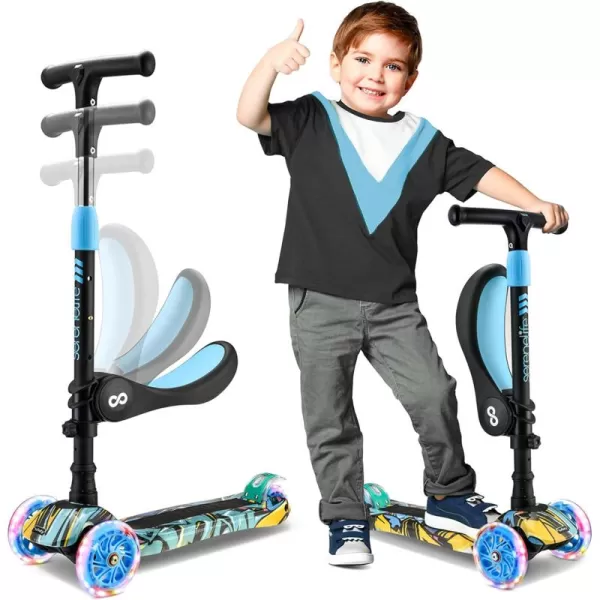 3 Wheeled Scooter for Kids - 2-in-1 Sit/Stand Child Toddlers Toy Kick Scooters w/Flip-Out Seat, Adjustable Height, Wide Deck, Flashing Wheel Lights, Great for Outdoor Fun