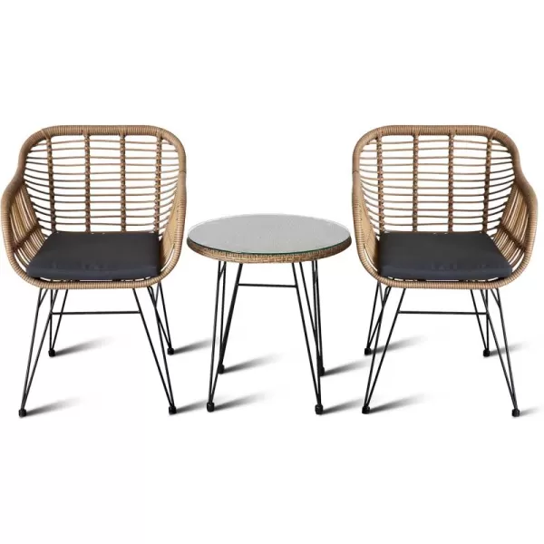 SereneLife 3 Piece Chat, Outdoor Living Rattan Furniture Set Includes 2 Single Chairs w/Cushions and 1 Glass-top Coffee Table , Black