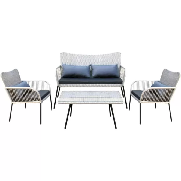 SereneLife 4 Piece Conversation/Chat Set, Outdoor Living Rattan Furniture, Includes 1 Double &amp; 2 Single Chairs with Cushion &amp; 1 Glass-top Coffee Table 