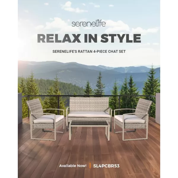 SereneLife 4 Piece Conversation/Chat Set, Outdoor Living Rattan Furniture, Includes 1 Double &amp; 2 Single Chairs with Cushion &amp; 1 Glass-top Coffee Table, Taupe